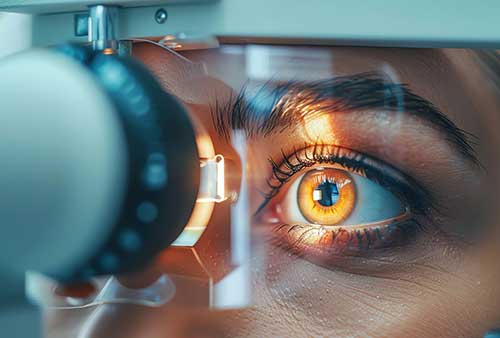 Up close photo of a woman's brown eye illuminated by a light during an eye exam