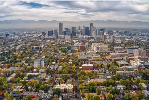 Aerial shot of downtown Denver on a cloudy day